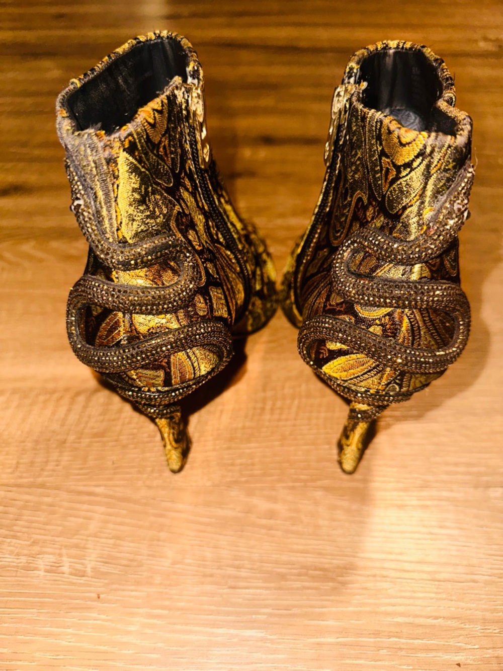 Women's Metallic Gold Paisley High-Heel Ankle Boots